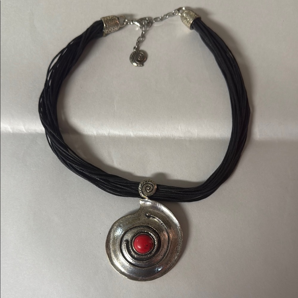 Kostibas Hellas Greek Silver and Black Pendant Necklace with Red Accent